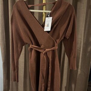 Zesica Brown Ribbed Wrap Long Sleeve Dress